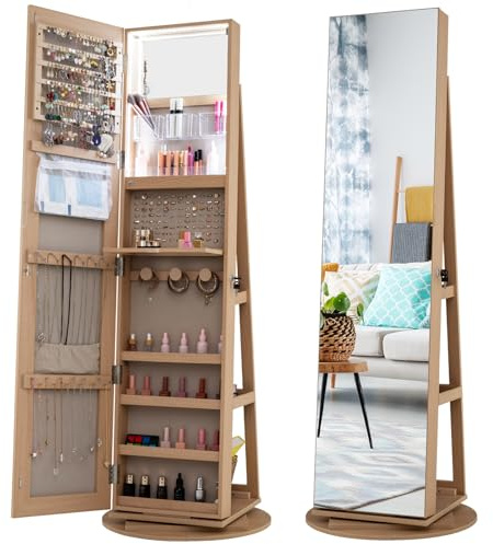 Multigot 3-Color LED Lights Jewellery Cabinet, 3-in-1 360° Swivel Jewelry Armoire with Full-Length Mirror, Lockable Cosmetic Storage Organizer for Dressing Room Living Room Bedroom (Nature)