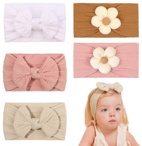 THQAE 5 Pcs bandeau bebe, bandeau cheveux fille, bebe fille, Filles Fleurs Bandeaux Extensible Nylon Bandeaux Fait Main Cheveux Accessoires pour Nouveau-né Nourrissons Tout-petits Enfants
