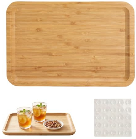 Vassoio Legno, Vassoio in Legno, Vassoio Bambù, Vassoio Bagno - Vassoio da Portata Rettangolare 30x20cm con 25 Gommini Silicone per Cucina, Caffè, Tè e Cosmetici