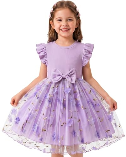 JinBei Vestito da Bambina Estate Abito da Principessa in Tulle, 2-7 Anni | Maglia Morbida, a Fiori Stampa Vestiti, Maniche Corte con Volant, Abbigliamento Bambini per Festivo, Compleanno, Casual