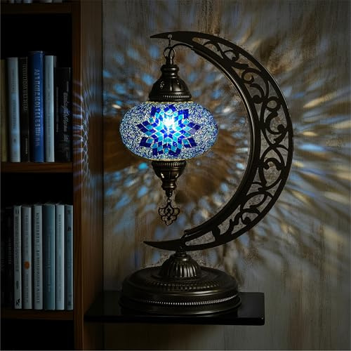 Mozaist Turkish Lamp, Unique Lamps, Moon Shaped Mosaic Table Lamp, Moroccan Handmade Antique Bohemian Vintage Lamp Shade, Tiffany Desk Bedside Stained Glass Lamp with US Plug and E12 Socket