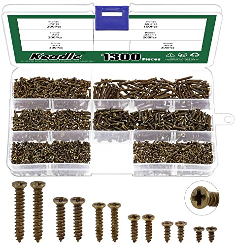 Keadic 1290 Pcs Small Self Tapping Screws Assortment Kit, M2*5/6/8/10mm M2.6 * 12/16mm Self-Drilling Flat Cross Head Mini Wood Screw with Plastic Case (Bronze）