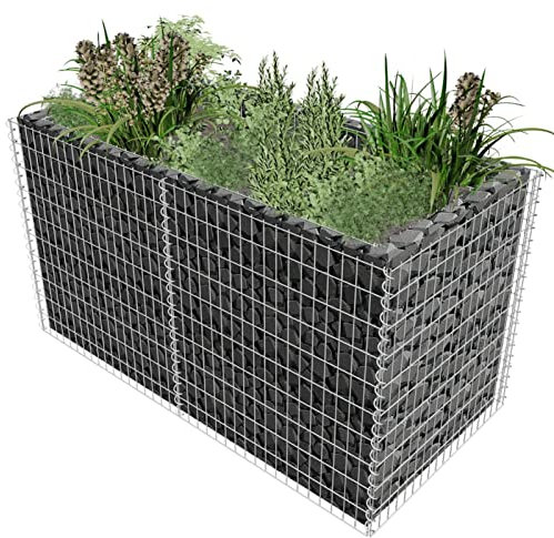 Ailgely Gabionen-Hochbeet Gabione Wand Sitzfläche Stein-Gabionen Steinzaun Drahtkorb/Gabione Pflanzenkorb Steinkorb aus Stahl 180 x 90 x 100 cm Garten Gabionen Silberfarben