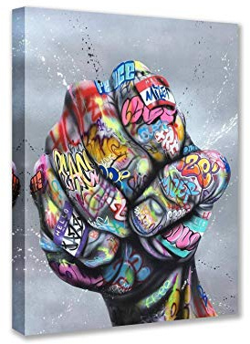 Nordisches Dekor, abstraktes Graffiti-Bild mit geballter Faust, Banksy-Straßenkunst, Kunstwerk für Männerhöhle, 1 Paneel, Leinwand, Wandkunst, HD-Drucke, moderne Dekoration, gerahmt, Giclée, fertig