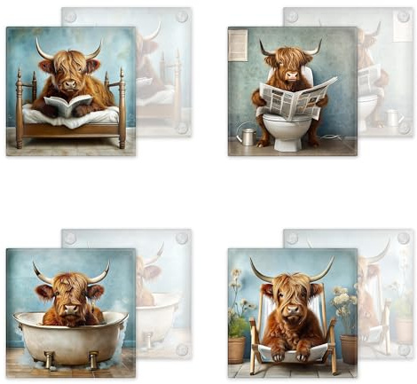 Juego de 4 posavasos de vidrio endurecido – Acuarela de las Tierras Altas en poses peculiares – Juego de 2