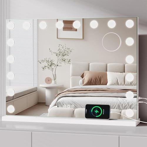 Moziel 80 x 60 cm Espejo de Maquillaje con Luz, Espejo Tocador con Luces de 18 LED Montado en la Pared o en la Mesa, 3 Colores de Luz y Función de Brillo Ajustable