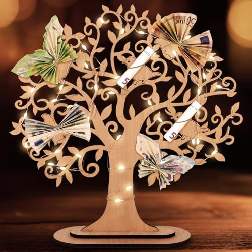 Giftota Wunscherfüller Geldgeschenk mit LED Lichterkette, Geldgeschenke Geburtstag aus Holz, Geldgeschenk Hochzeit, Geldbaum Deko - 20.8 x 21.5cm