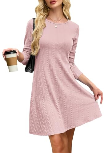 AUSELILY höst dam stickad klänning höst klänning långärmad klänning dam lätt vinterklänning elegant jumper klänning rund hals, Rosa, XL