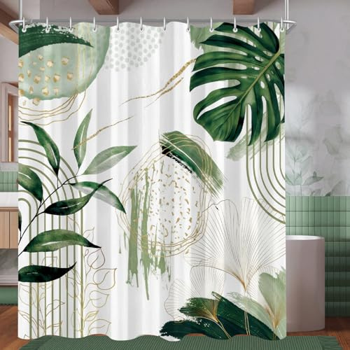 Duschvorhang 180x200 cm Grüne Schildkröte Bambusblätter, Beschwerter Saum Antischimmel, Wasserabweisend, Waschbar Polyester Badevorhänge mit 12 Ösen und Duschvorhangringen für Badezimmer, Badewanne