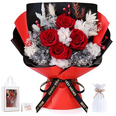 Lewondr Ramo de Flores Conservadas con Jarrón – 4 Rosas y Flores Reales, Ramo Rosas Eternas de Larga Duración, Regalo Eterno para Madre, Esposa, San Valentín Aniversario o Cumpleaños, Rojo