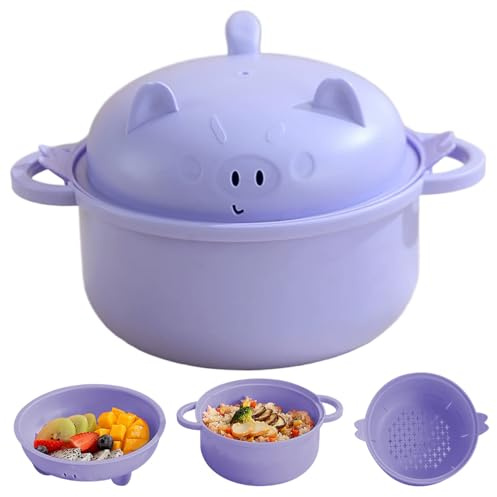 Obelunrp Mikrovågsugn ramen-skål 2-lager söt gris matkvalitet plast ramenskål med lock och dränering stor kapacitet och bärbar för skola kontor hem, lila, DecoracióN Del Hogar