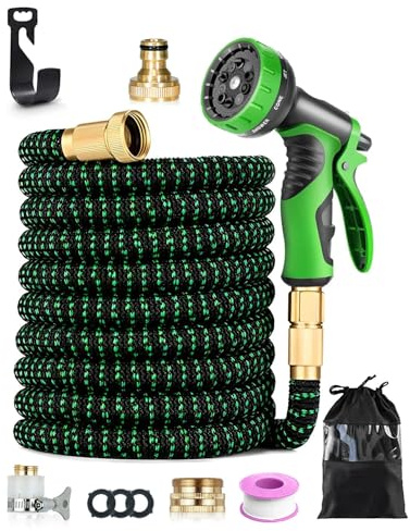 Tuyau Arrosage Extensible 100FT avec Pistolet 10 Fonctions, Raccords 1/2'' & 3/4'', Embout Plaqué Cuivre, Crochet et Sac, Tuyau d'Arrosage Anti-Fuite et Anti-Torsion pour Jardin