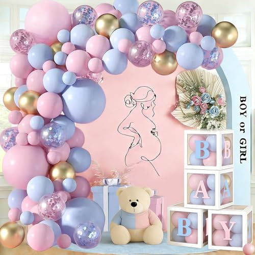 Gender Reveal Party Decoration, Kit Arche Ballon Rose et Bleu avec 4 Boîte Ballons Transparente, Rose et Bleu Decorations Pour Fête Anniversaire, Bienvenue Bébé, Garçons Ou Filles Révélation du Genre