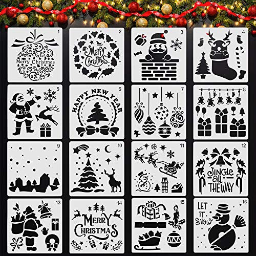CODIRATO 16 Stück Weihnachten Schablonen Malvorlagen Kunststoff Zeichenschablonen Malschablonen Weihnachtsschablonen Wiederverwendbar Weihnachtsbaum Schneemann Schablone für Scrapbooking Fotoalbum