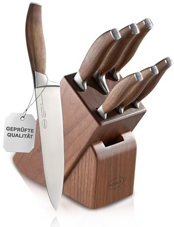 RÖSLE Messerblock Passion 7-tlg - Hochwertiger Messerblock aus Walnussholz mit 6 Küchenmessern aus Klingenspezialstahl, Edelstahlendkappen und Fingerschutz