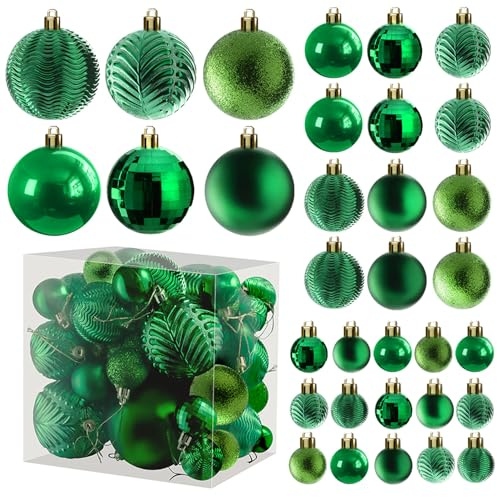 Prextex Green 36-Piece Shatterproof Glitter Balls, Christmas Tree Baubles, Exquisite Xmas Combo of 36 Christmas Balls and Shape Styles