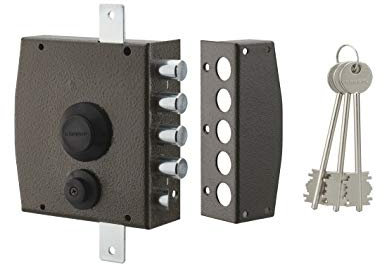 THIRARD - Serratura in Applique a Chiave per Porta d'Ingresso - Destra - 3 Punti - Corpo e Gancio in Acciaio - Chiusura a Tre Punti - 154 x 140 mm - Nero - 3 Chiavi Incluse