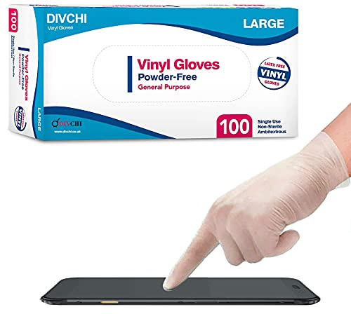 DIVCHI Disposable Gloves Latex-Free Clear Vinyl Gloves [100-Count] Powder-Free All-Purpose Gloves, Dispenser Box Gloves 100 Pieces - Large Gloves (Pack of 100)