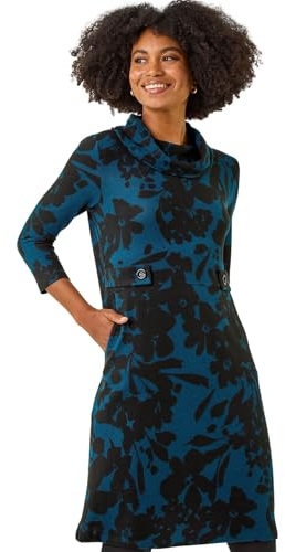 Roman Cowl Neck Dress for Women UK - Ladies Button Detail Shift Work Office Autumn Winter Knee Length Casual 3/4 Full Length Sleeve Round High Warm Neckline - Teal - Size 10