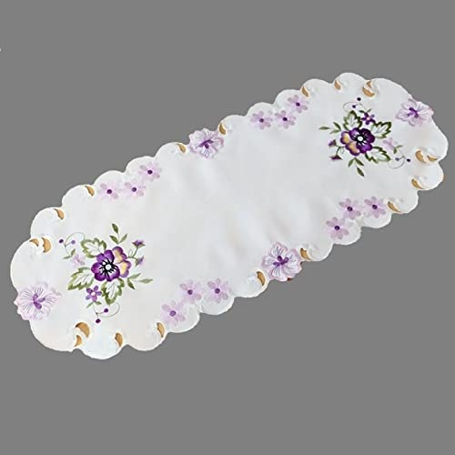 Raebel OHG Tischdecke Tischläufer Mitteldecke Deckchen Kissenhülle Frühling Bestickt mit Stiefmütterchen in violett auf cremefarbigem Untergrund (30 x 70 cm)