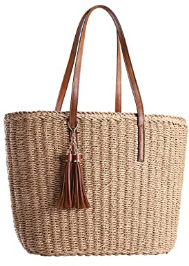 YXILEE Large Straw Bags For Women | Straw Travel Beach Totes Bag M Woven Summer Tote Handmade Shoulder Bag Handbag, Khaki, XL