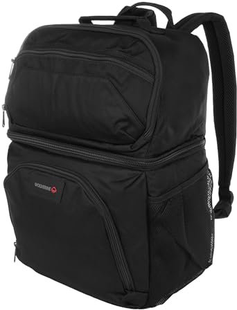 WOLVERINE Kühlrucksack für 36 Dosen mit strapazierfähigem Nylon, Zwei Fächern, Kühler und Trockenaufbewahrung, gepolstertem Netz-Rückenteil und Außentaschen für Wasserflaschen