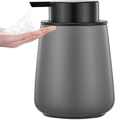 12Oz Grey Foaming Soap Dispenser - Ceramic Foam Hand Soap Dispenser with Easy-to-Press Black Pump, Refillable Bathroom Lotion Soap Dispenser, Dish Soap Dispenser for Kitchen Hand Wash Dispenser