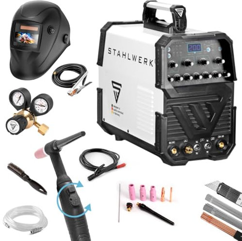 STAHLWERK Poste à souder AC/DC TIG 200 pulse ST - équipement complet - MMA, avec 200A, pulse, alu & tôle fine, torche flexible WP-26F incluse, compact & léger, poste complet pour soudures précises