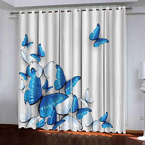 TFLABS Fenster Vorhang Schlaufen-Vorhang 2 Stück x 140 B x 245cm H Blau & Schmetterlinge Dekorative Gardine Schlaufenschal Fenster-Schal