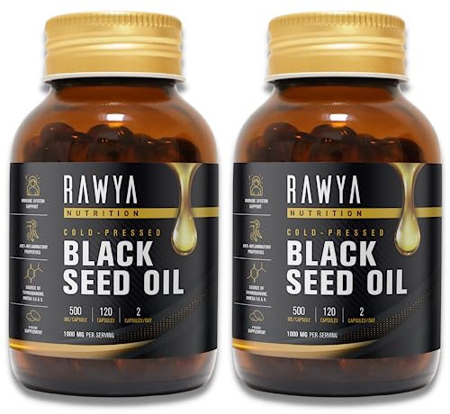 Rawya Black Seed Oil, 120 Softgels x 2 Pack, 500mg Each, Organic Cold-Pressed Black Seed Oil Capsules, Pure Nigella Sativa, Rich in Omega-3-6-9 for Skin Hair Digestion Metabolism Vitality and Wellness