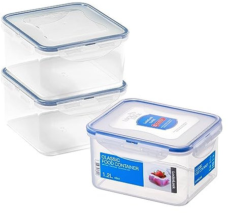 LocknLock Square Food Containers with Lids Set of 3 - Plastic Airtight & Watertight Food Storage Containers, BPA Free & Dishwasher Safe, 3 x 1.2L