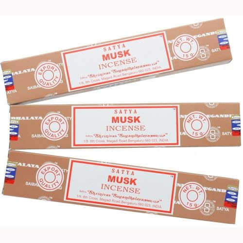 Booghe Satya Nag Champa Räucherstäbchen, 100 % natürlich, Moschus, 3 Packungen, handgefertigte Räucherstäbchen, für Stressabbau, spirituelle Dekoration, Verschmieren und Meditation