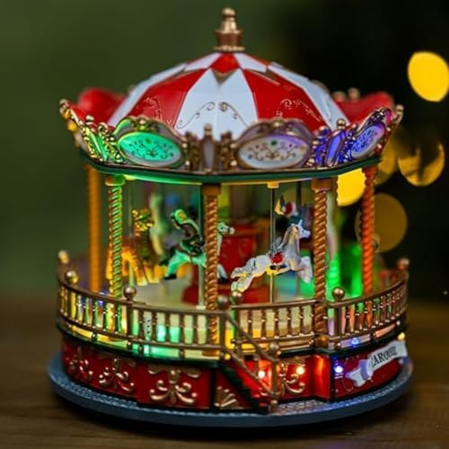 Marco Paul beleuchtetes Weihnachtskarussell, beleuchtetes musikalisches Weihnachtsdorf-Szenen-Ornament, batteriebetriebene LED-Urlaubsdekoration für Zuhause, Kaminsims, Mittelstück oder Tischdisplay