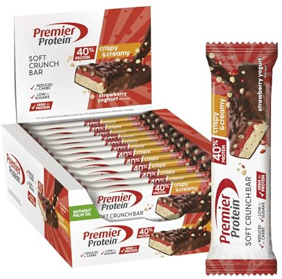 Premier Protein - Soft Crunch Bar 40 percent - Strawberry Yoghurt - 12x40g - Low Sugar - Low Carb - High Protein Bar - Palm Oil Free
