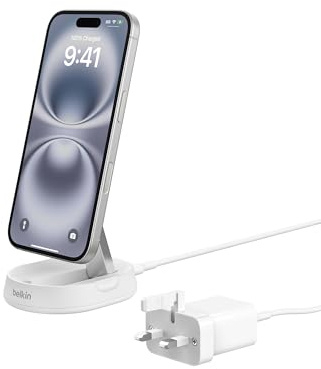 Belkin BoostCharge Pro 15W convertible magnetic wireless charging stand, MagSafe compatible fast Qi2 wireless charger, fast charger for iPhone 17/16/15, Air, AirPods, PixelSnap, 20W plug incl. - White