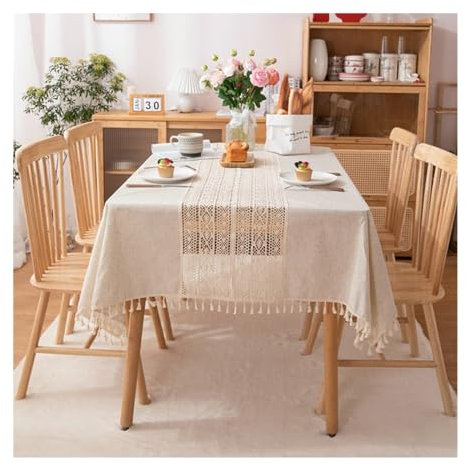 Gualiy Rechteckige Tischdecken, Tischdecken 140x180CM Polyester Abwaschbare Tischdecke Wohnzimmer Aushöhlenmit Quasten Tischdecke für die Küche, Beige