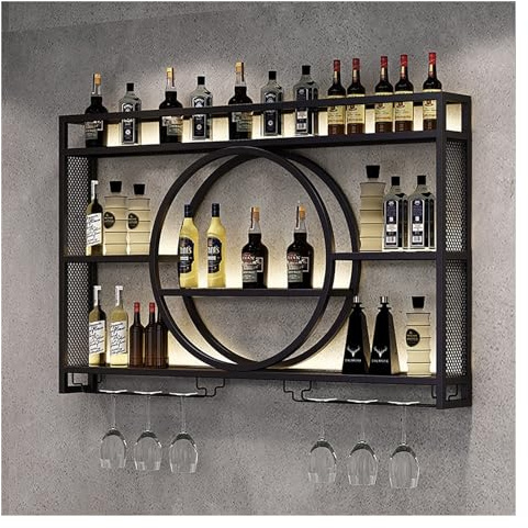 Porte-bouteille Mural Industriel Avec Lumière LED - Casier À Bouteilles En Fer - Étagère À Vin - Range-Bouteilles Pour Cave À Vin, Bar, Maison, Cuisine - Noir/Or ( Color : Black , Size : 100*15*80cm )