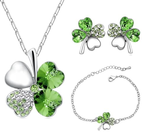 SwirlColor 4 Hoja Trébol Collar Earrings Pulseras de trébol de cuatro hojas Colgante ajustable Juego de cadenas Peach Heart Rhinestone Joyas con incrustaciones de cristal para niñas, mujeres (Verde)