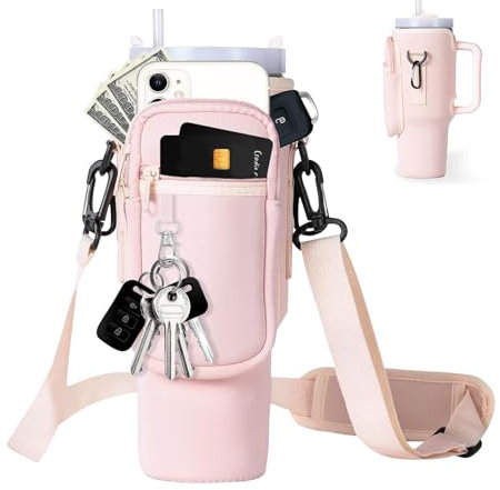 Tragbar Flaschentasche für Stanley Cup, Flaschenhalter mit Abnehmbaren und Verstellbaren Riemen, Trinkflasche Rucksack mit Aufbewahrungstasche und Schlüsselbund für Wandern, Camping, Reisen (Rosa)
