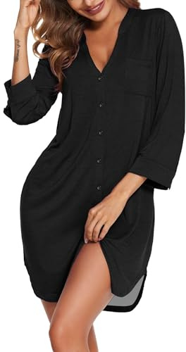 Ekouaer Camisón Mujer 3/4 Manga Larga Autunno e Inverno Cuello en V Botones Suave y Ligero Casual Tallas Grandes S-XXL