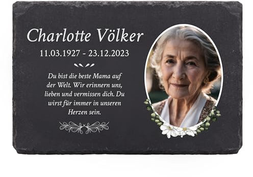 LAUBLUST Personalisierte Grabplatte als Grabschmuck für Menschen mit Wunschtext | Schieferplatte mit Gravur als Grabstein Deko & Grabtafel - Blumen, 3 Größen | Schöne Grabsteine mit Name & Foto