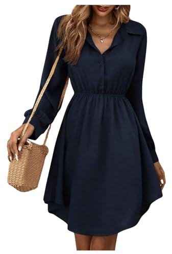 GORGLITTER Damen Hemdkleid Elegant Blusenkleid Langarm A Linie Tunikakleid Shirtkleid mit Knöpfen Blau M