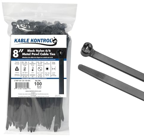Kable Kontrol Fascette per cavi con dente in metallo, 20,3 cm, 100 pezzi, resistenza alla trazione di 54,4 kg, pedana in metallo, dispositivo autobloccante dentato in acciaio inossidabile, fascette