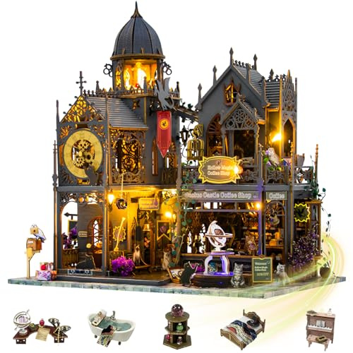 Mostop Kit de Construction de Maison de poupée Miniature en Bois avec lumière LED et débutant, idée de Chambre créative pour Enfants/Adultes, Maison Magique, Kits de Bricolage (château de Huoluo)