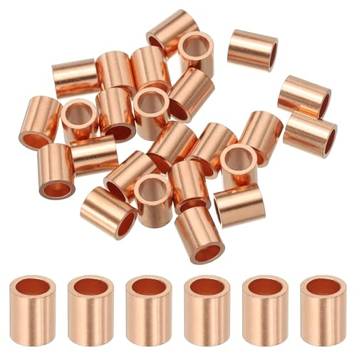 sourcing map 3/16(5mm) Wire Rope Stop Sleeve, Copper Crimping Loops Sleeve Round Crimp Ferrules for Wire Rope and Cable Ferrule, Gold 25Pcs