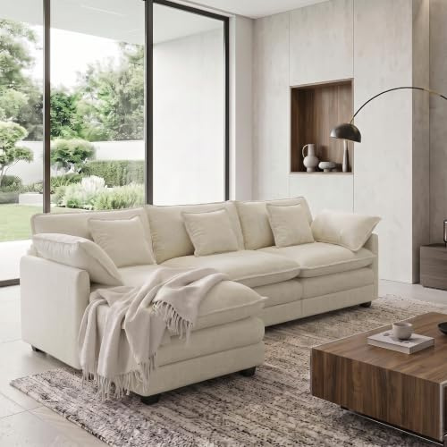 Urhanherry L-Form Cloud Sofa, Modulares Sektionssofa 4-Sitzer mit Ottomane, Modernes Sofa mit Armlehnen/Dekokissen, Atmungsaktivem Chenille-Stoff, L Couch für Wohnzimmer, Beige