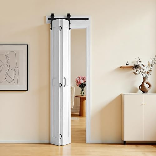 VEVOR Porte Coulissante Intérieure 60,9x213,4 cm, Porte de Grange Pliante en MDF Quincaillerie Incluse, pour Séparation de Pièce Chambre Salon Placard, Compacte, Cadre en H, Assemblage Requis, Blanche