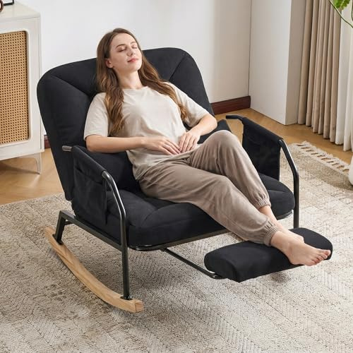 EBELLO Schaukelstuhl mit Fußstütze, Schaukelsessel mit Verstellbarer Rückenlehne bis 160°, Cordstoff Lesesessel mit Seitentasche Relaxstuhl Tragfähigkeit 150 kg mit Holzkufen für Wohnzimmer, Schwarz