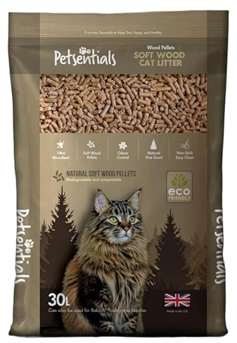 Petsentials Natural Wood Based Cat Litter 30L | Biodegradable & Pine Scented Wood Pellet Cat Litter | Super Absorbent & Non-Toxic - Ideal for Single or Multi-Cat Households