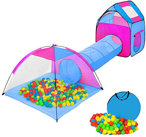 tectake® Iglu Kinderspielzelt Spielhaus Kinderzelt mit Krabbeltunnel + 200 Bälle + Tasche - Diverse Farben - (Pink-Blau | Nr. 401233)